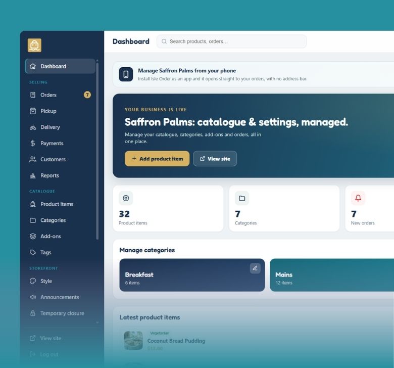 The Isle Order dashboard, showing orders, catalogue and quick actions