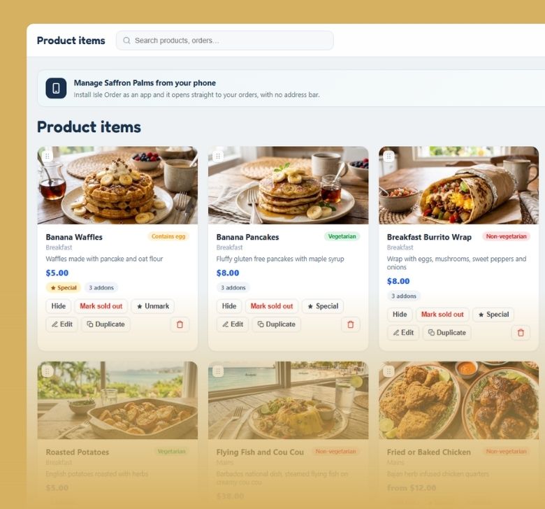 The product items screen with photos, prices and quick actions