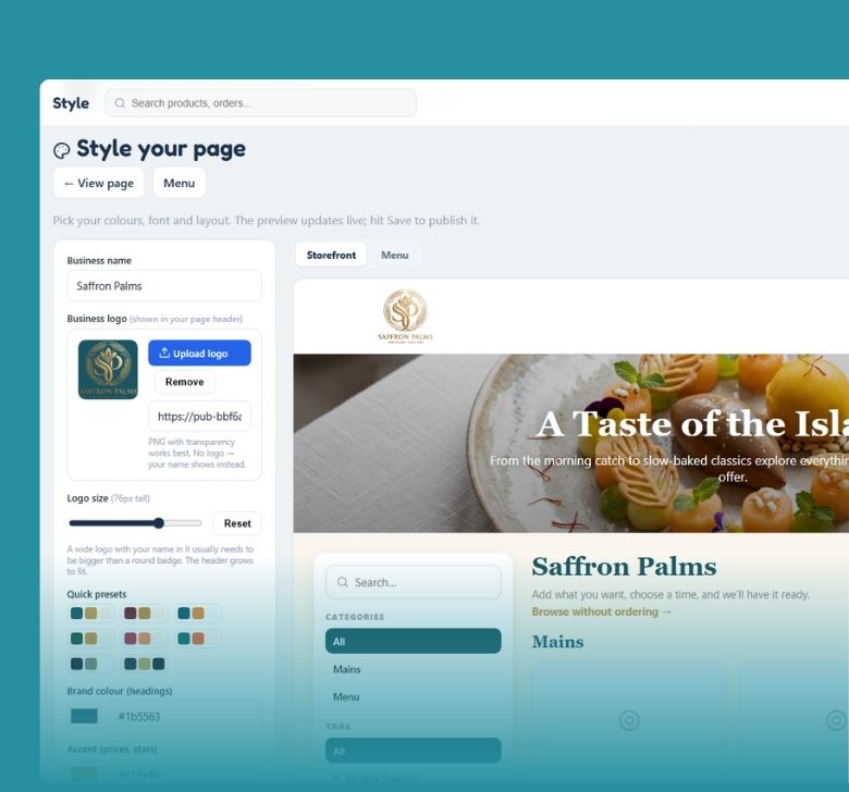 The Style editor, with a live preview of the storefront beside it